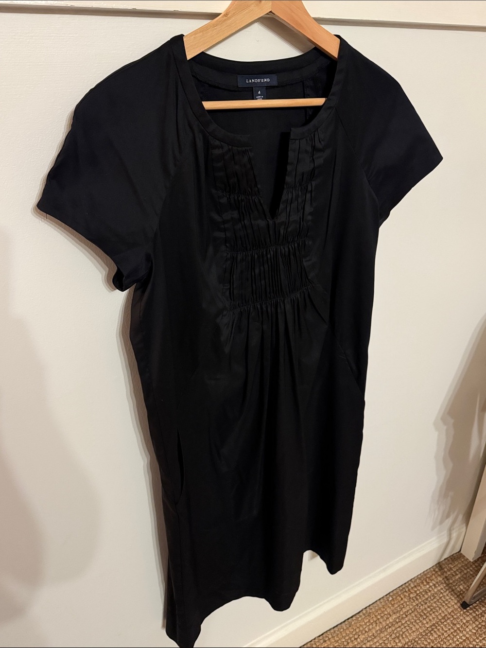 Lands’ End Black Ruched Gathered Waist Dress Short Sleeve Cotton Blend Size 4